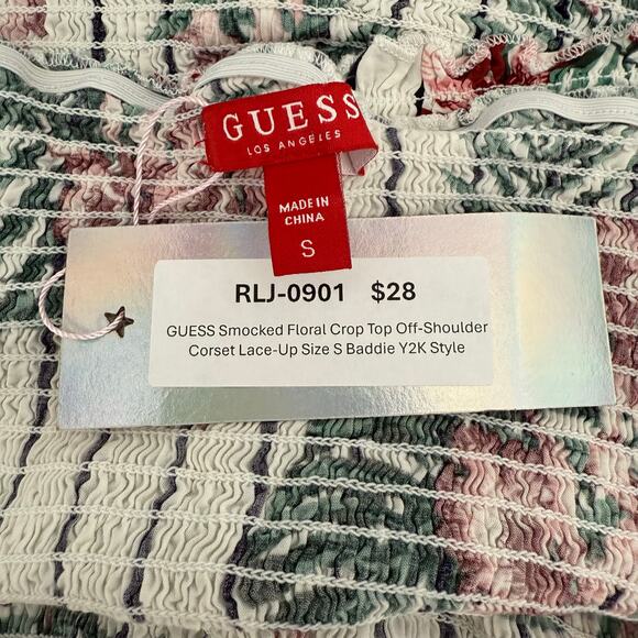 GUESS Smocked Floral Crop Top Off-Shoulder Corset Lace-Up Sz S Baddie Y2K Style - Picture 4 of 4